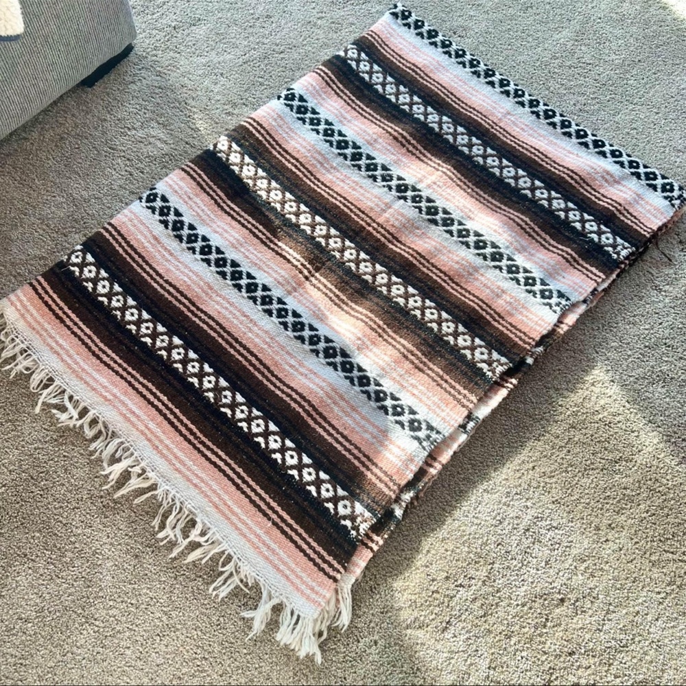 72 X 54” Pink / Brown / White Woven Southwestern Blanket